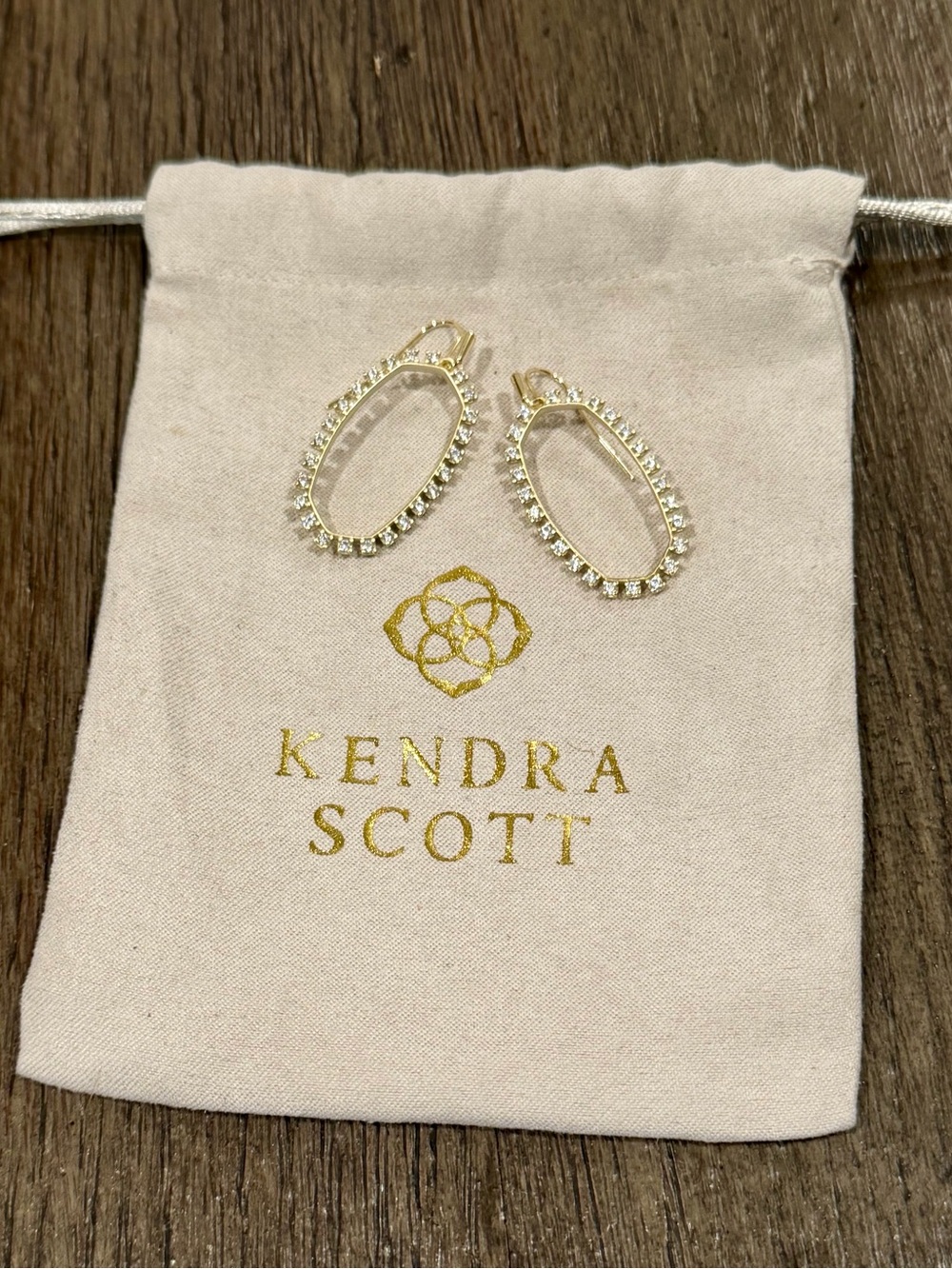 Kendra Scott Gold Tone Crystal Halo Open Frame Drop Earrings w/ Dust Bag